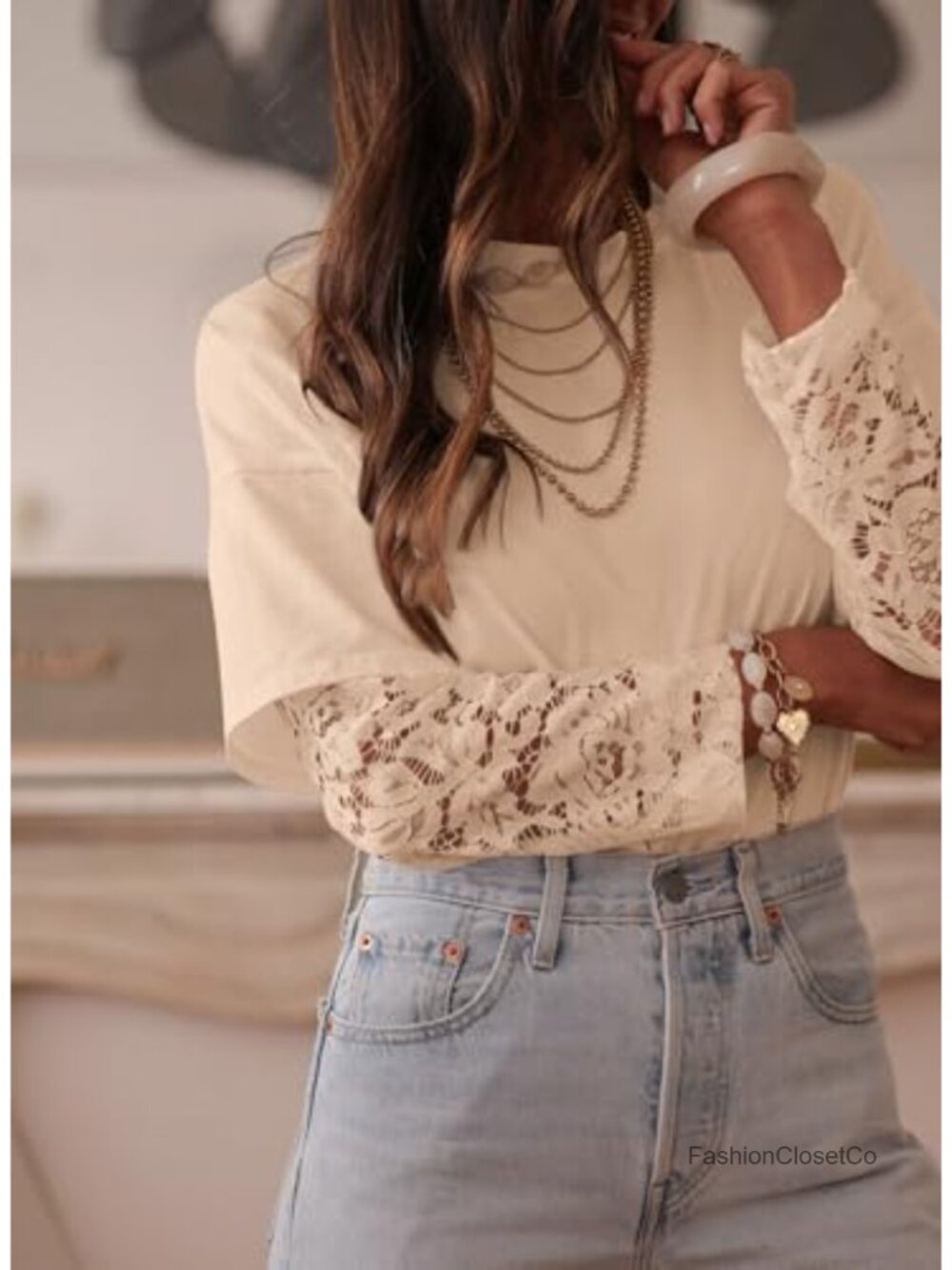 Women's Long Sleeve Lace Patchwork Crew Neck T-Shirt Top - Picture 2 of 6